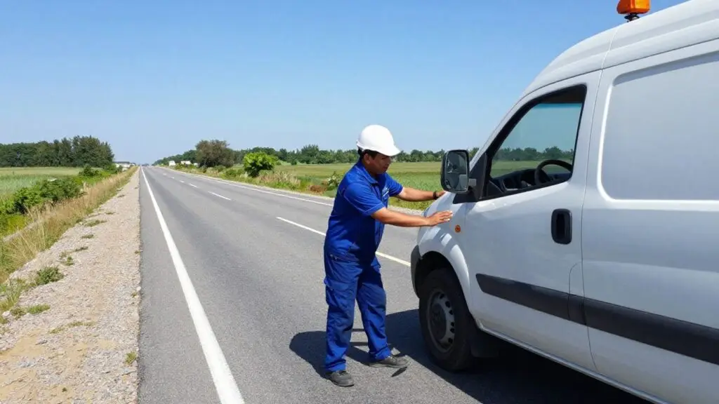 Tow truck helping car on roadside with worker assisting.