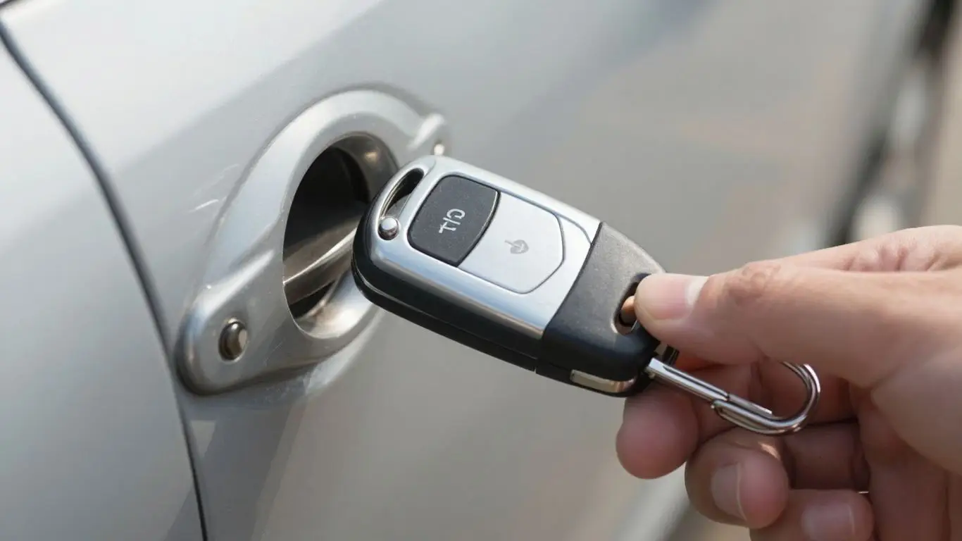 Car key entering a car door lock.