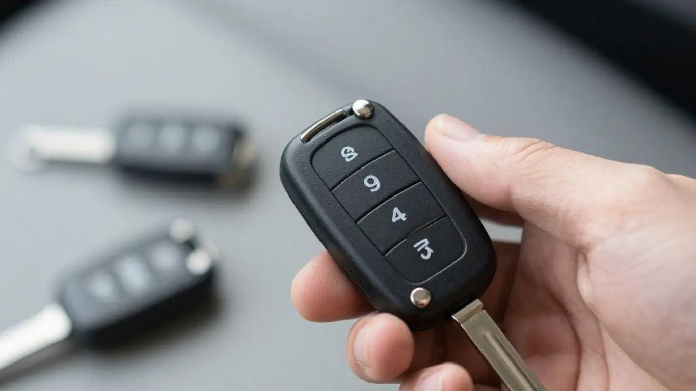 Rental car key fob being held in hand.