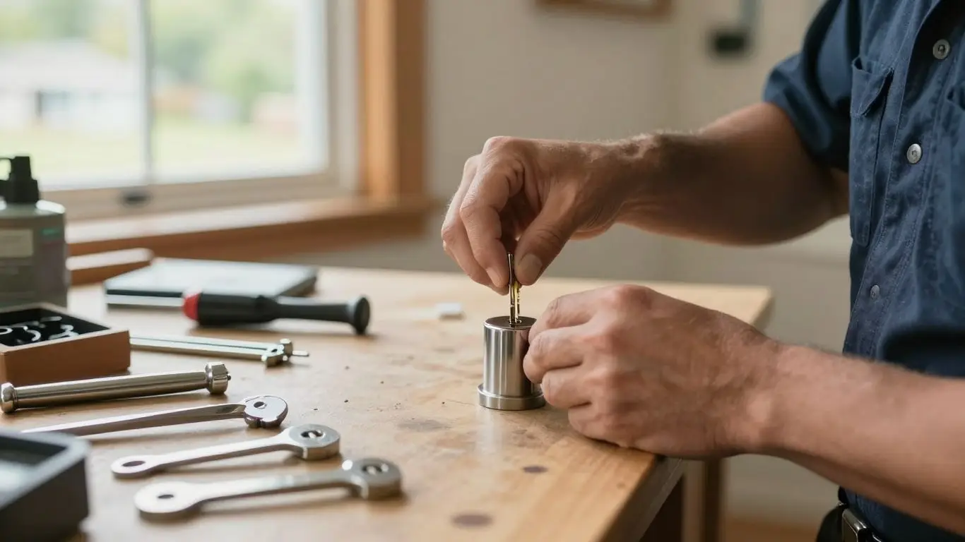 Locksmith rekeying a lock cylinder with tools.