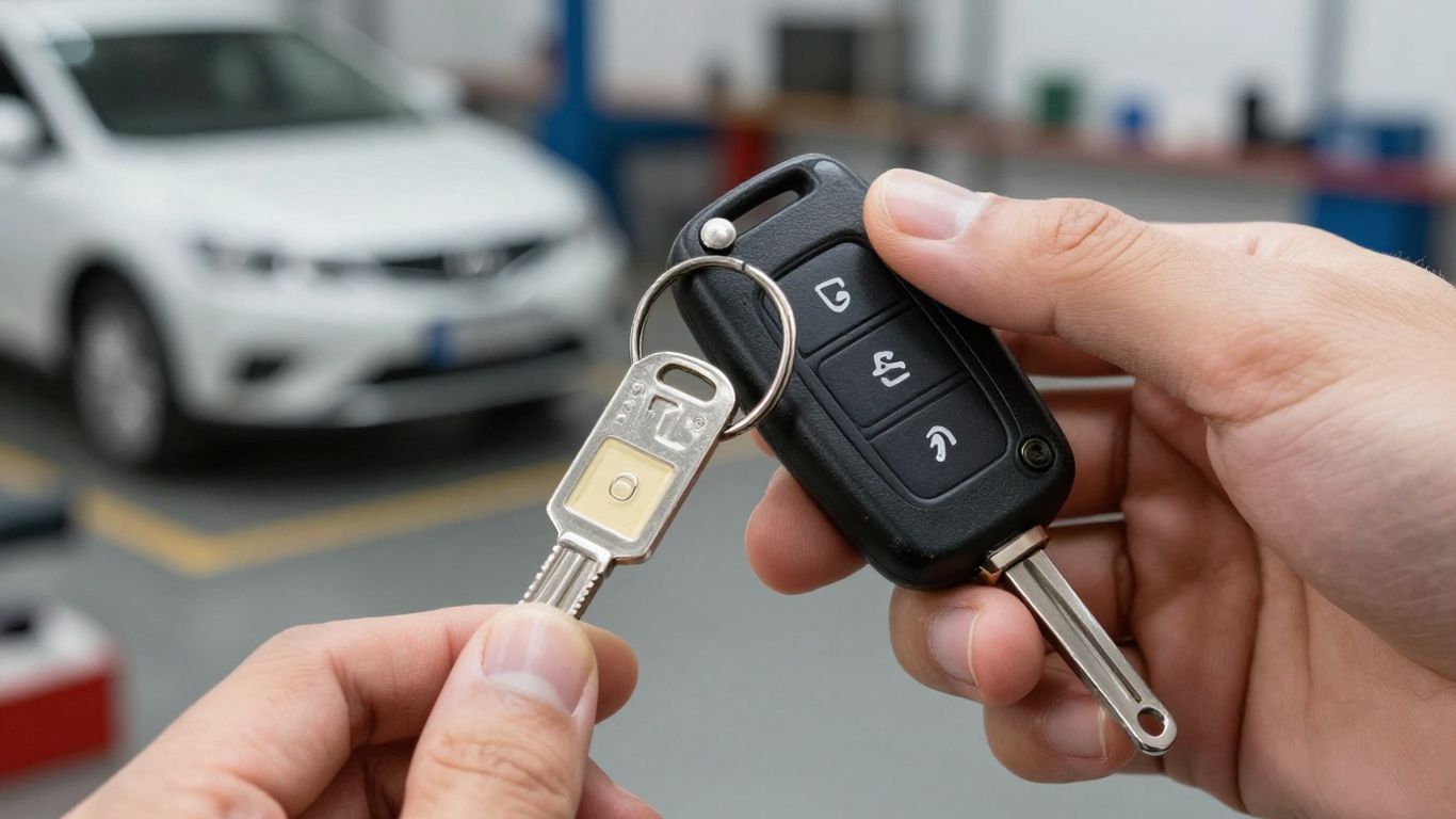 Locksmith programming a car key fob and transponder chip.