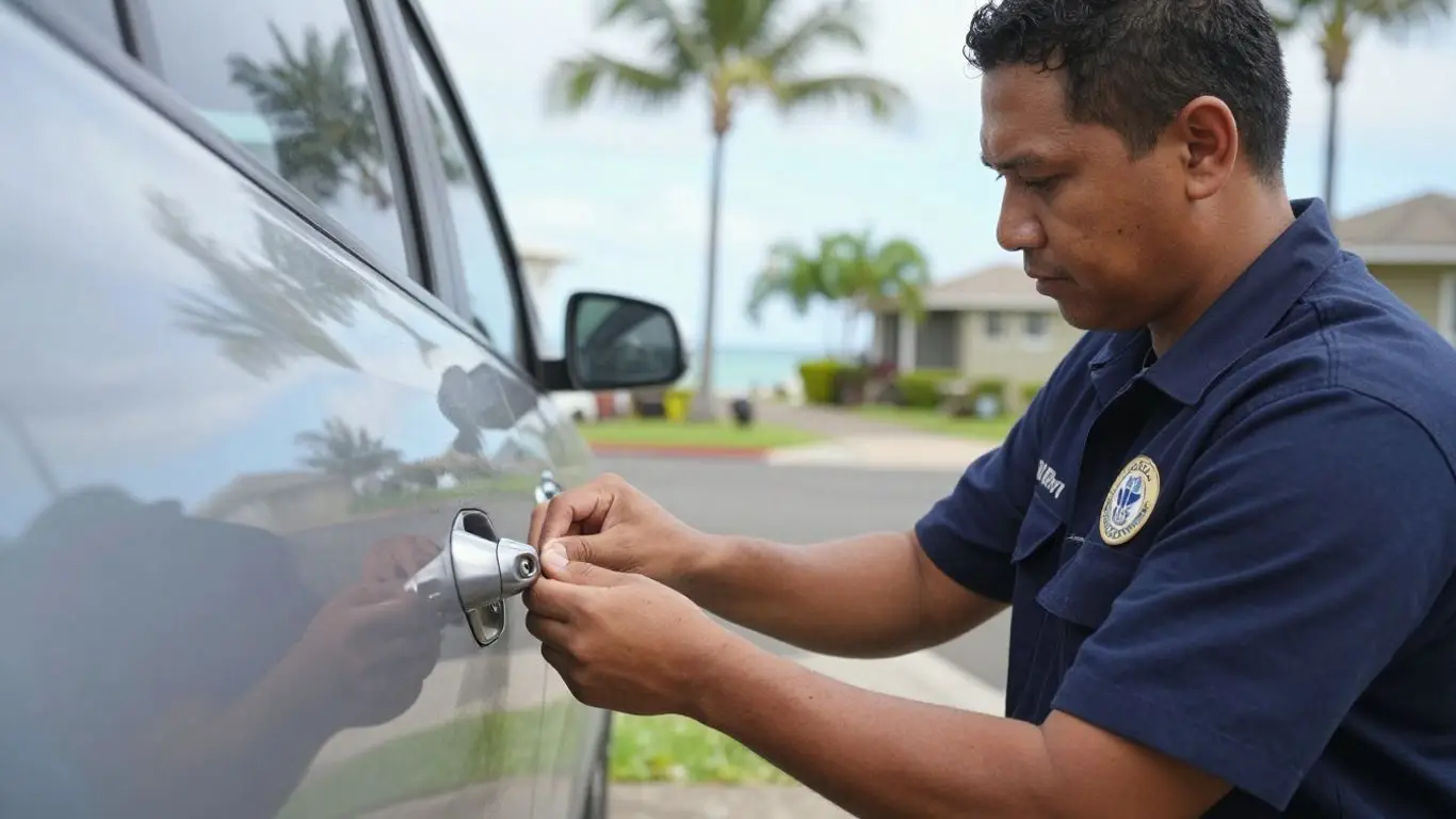 Locksmith fixing a car door lock in Honolulu.
