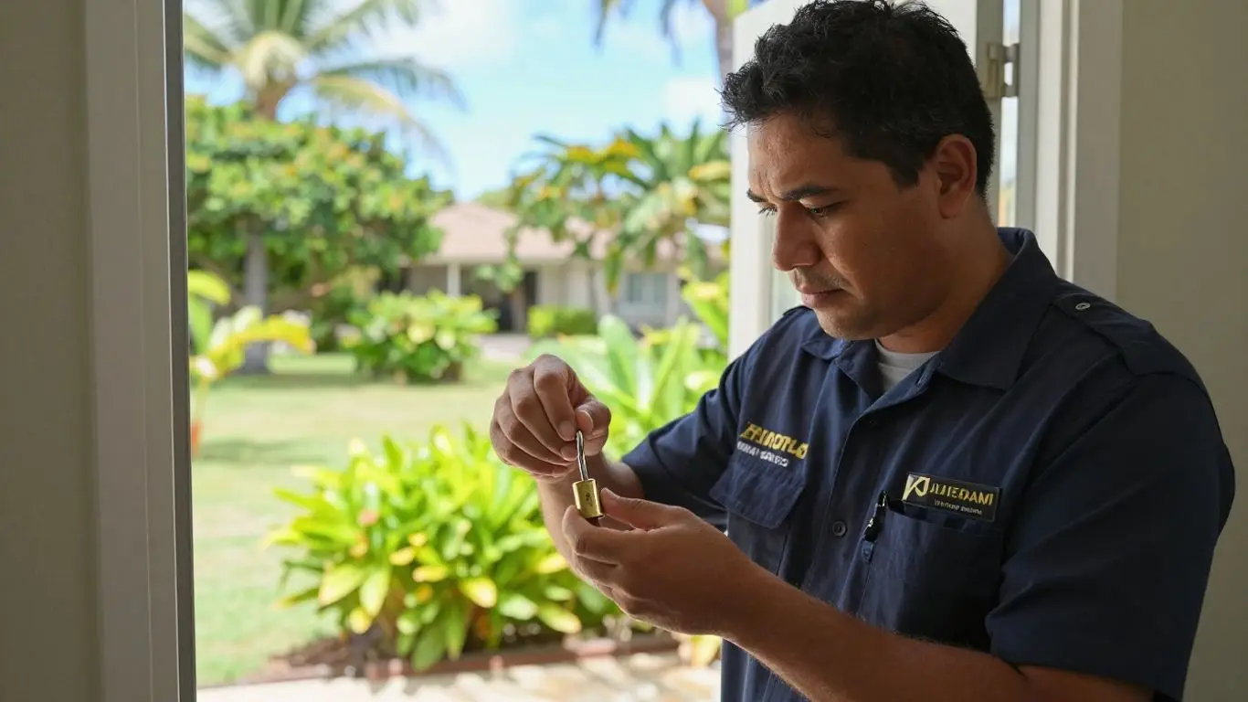 Locksmith working on a door lock in a tropical setting.