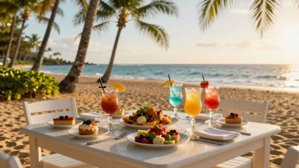 Happy hour drinks and food on a Maui beach.