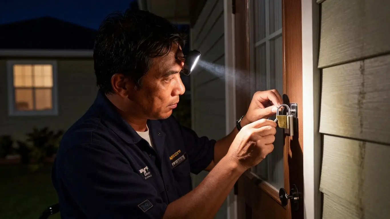 Honolulu locksmith picking a residential door lock at night.