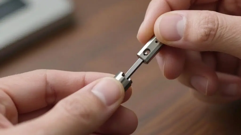 Locksmith rekeying a lock cylinder with tools.