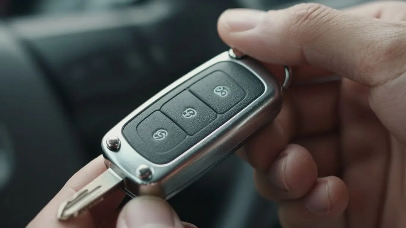 Hand holding a car key, urgent replacement service