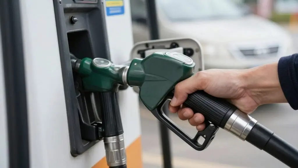 Gas pump nozzle filling a car's fuel tank.