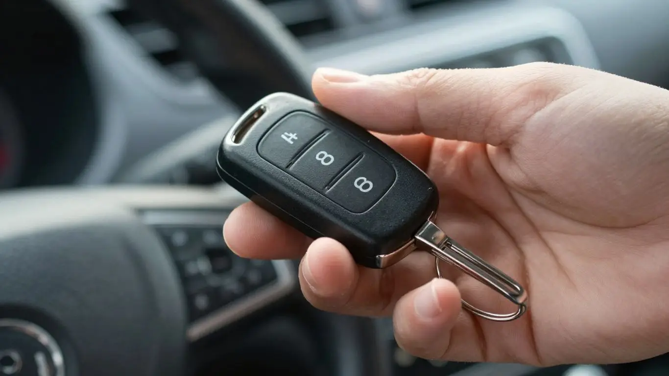 Hand holding a car key fob