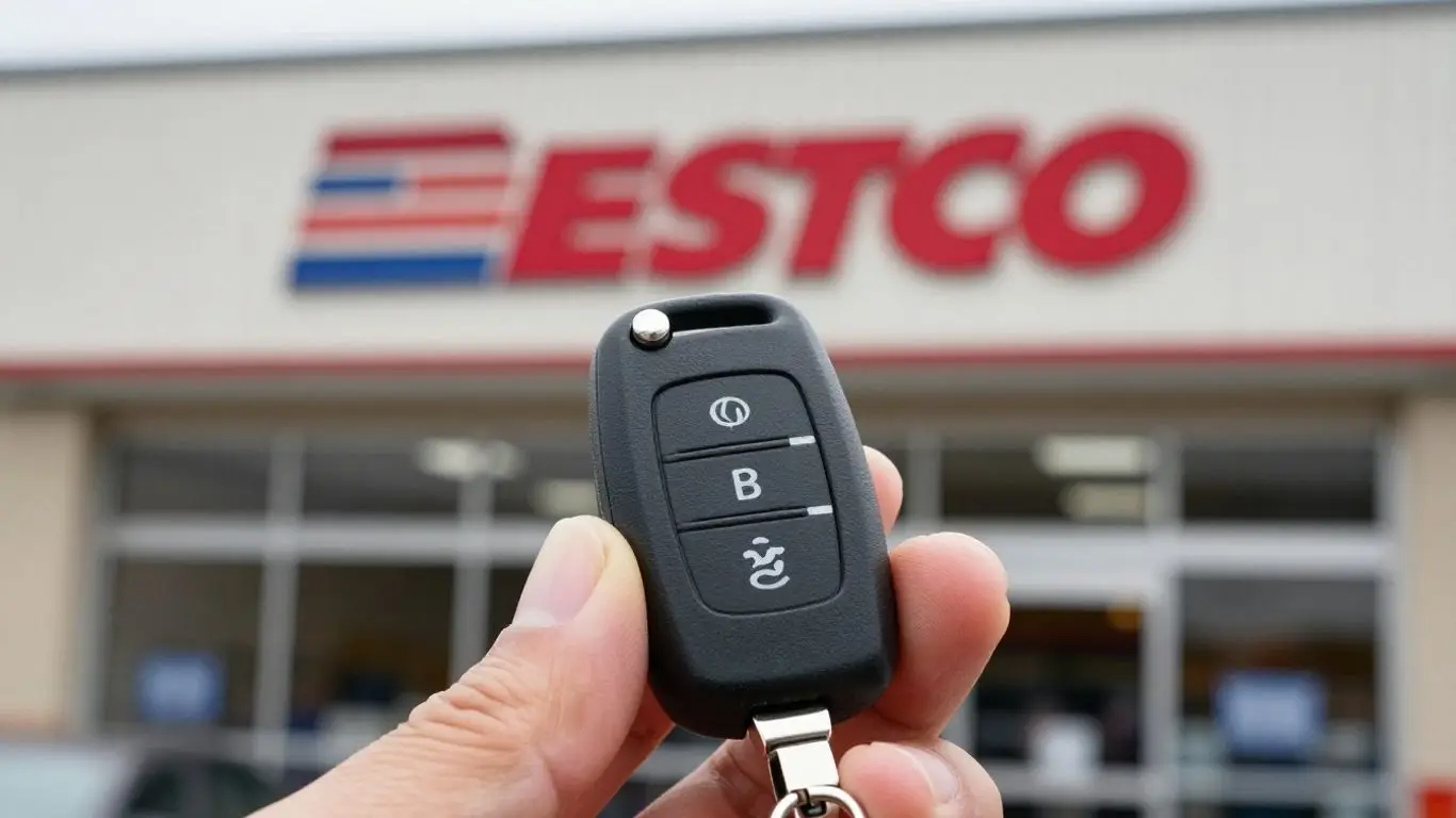 Car key fob with Costco in the background.