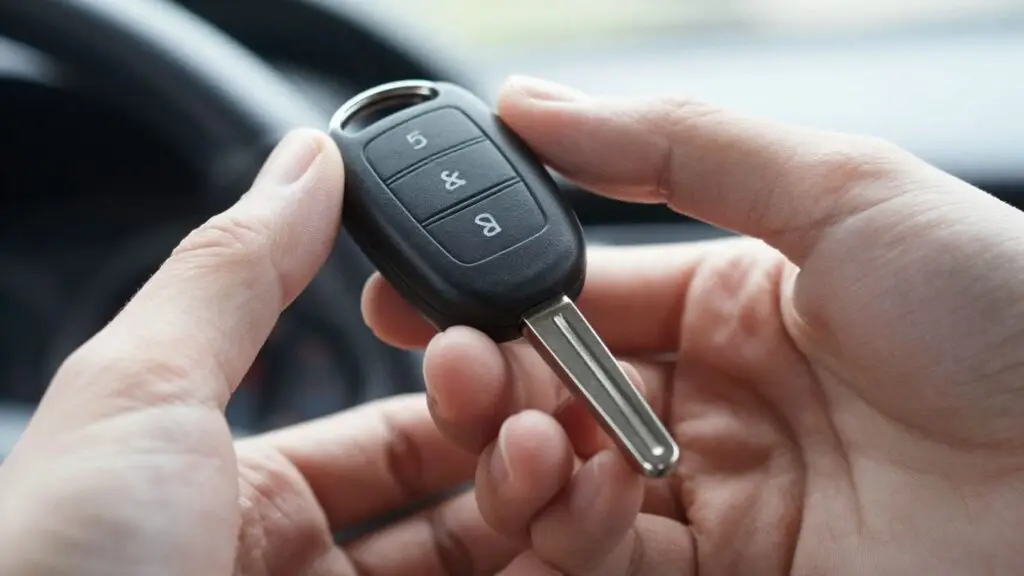 Hand holding a car key fob for programming.
