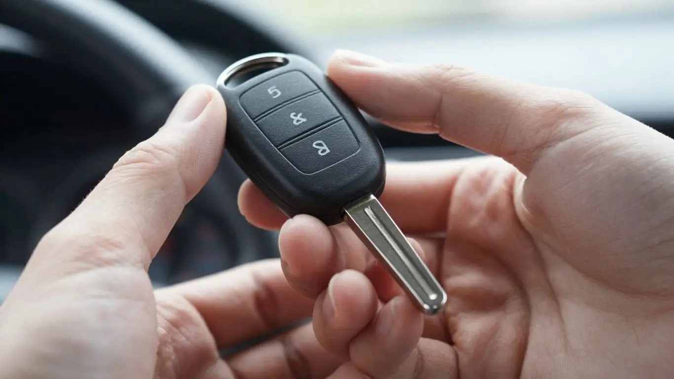Hand holding a car key fob for programming.