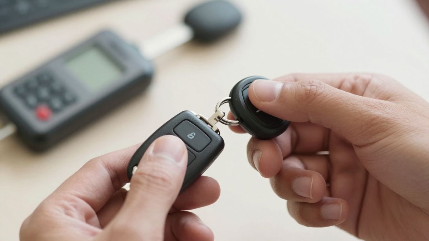 Locksmith programming a car key fob with a tool.