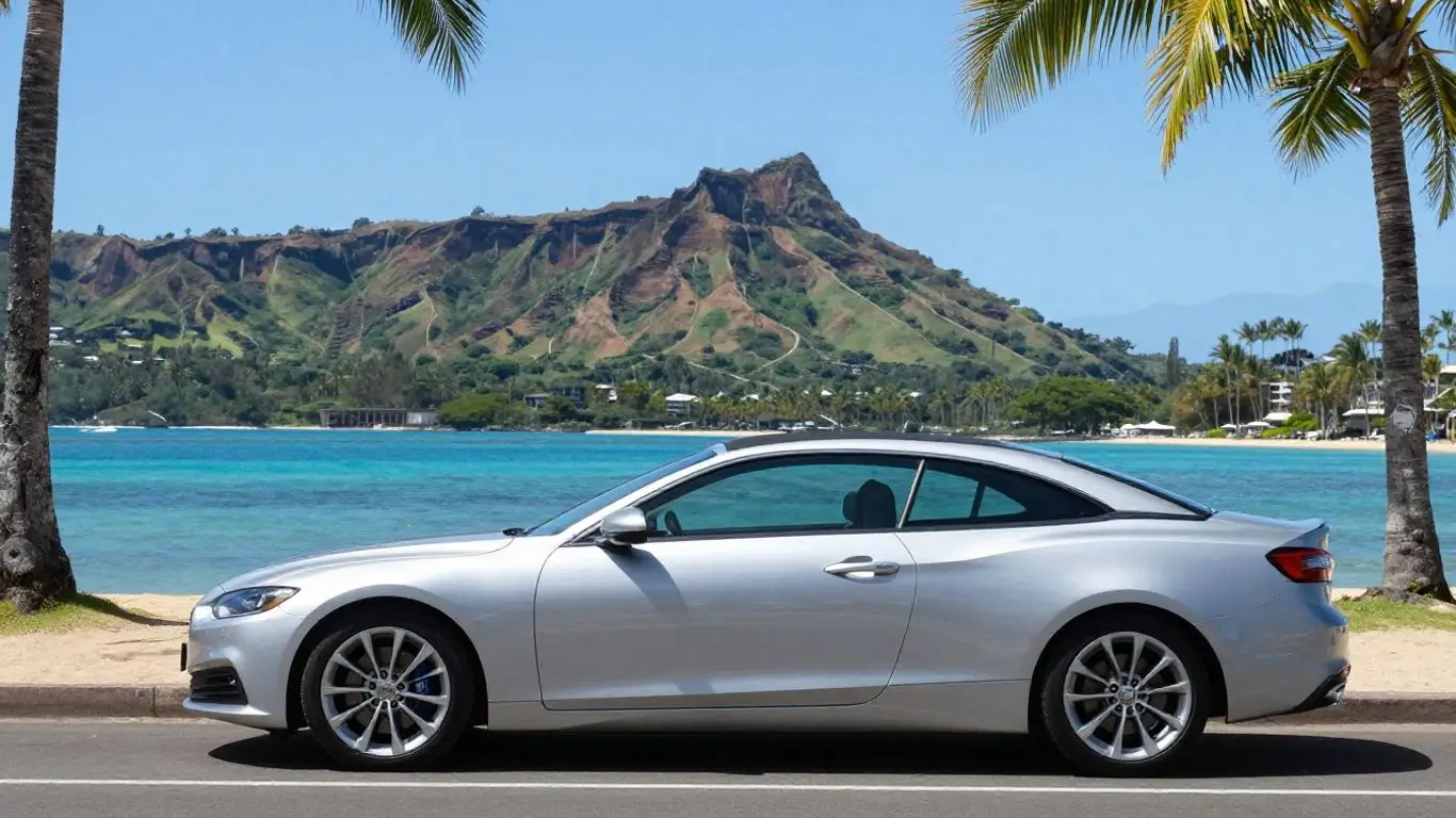 Convertible car parked near Honolulu beach with Diamond Head.