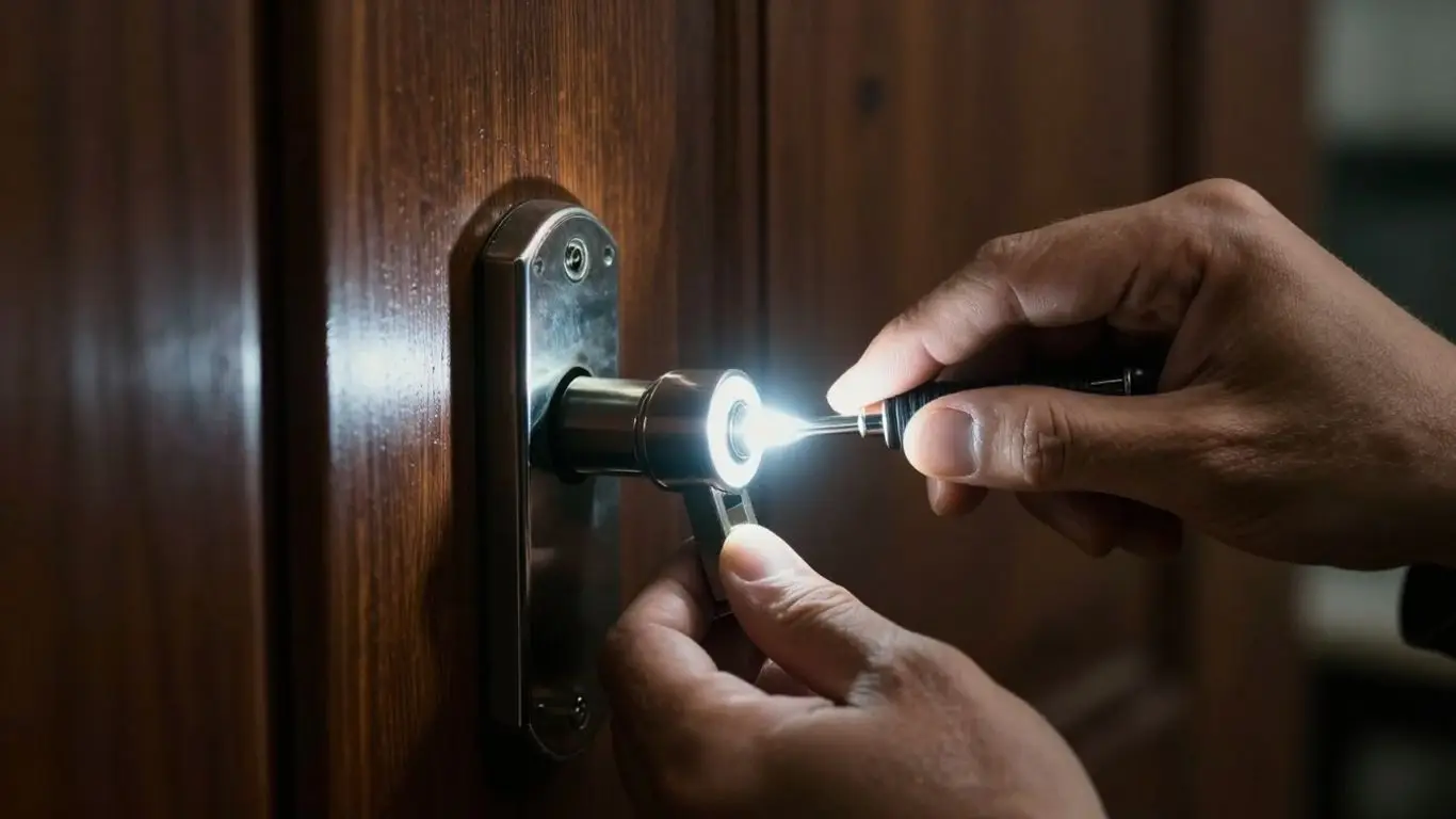 Locksmith picking a lock in the dark.