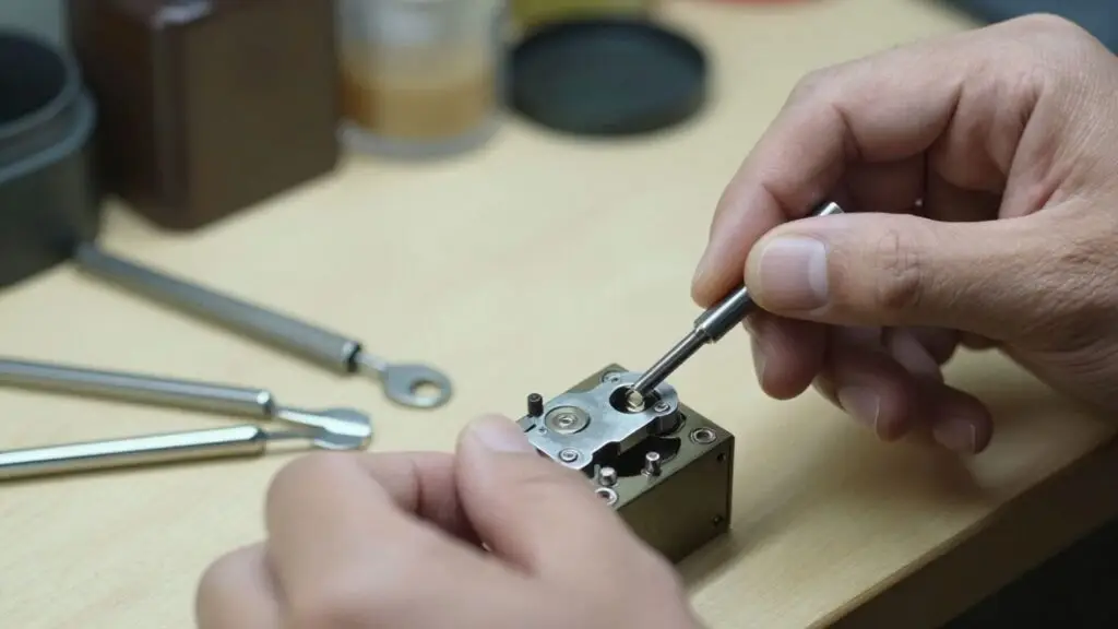 Locksmith working on a lock, tools nearby.