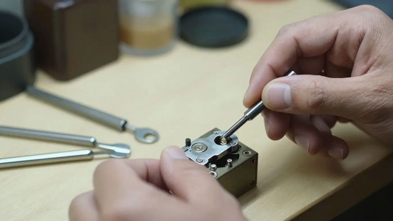Locksmith working on a lock, tools nearby.