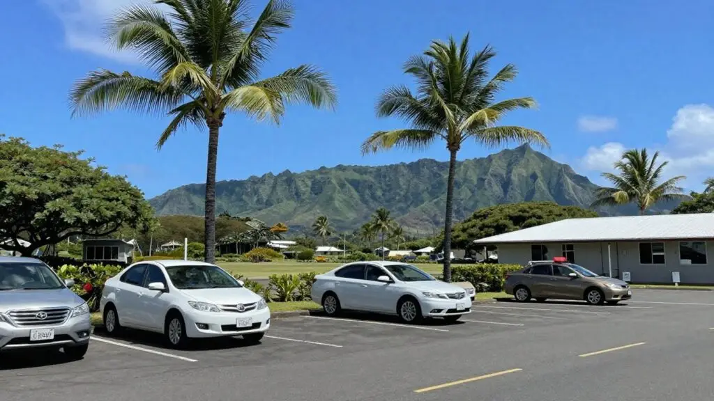 Rental cars parked at Kona Hawaii Airport on a sunny day.