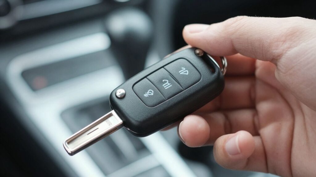 Hand holding a car key fob