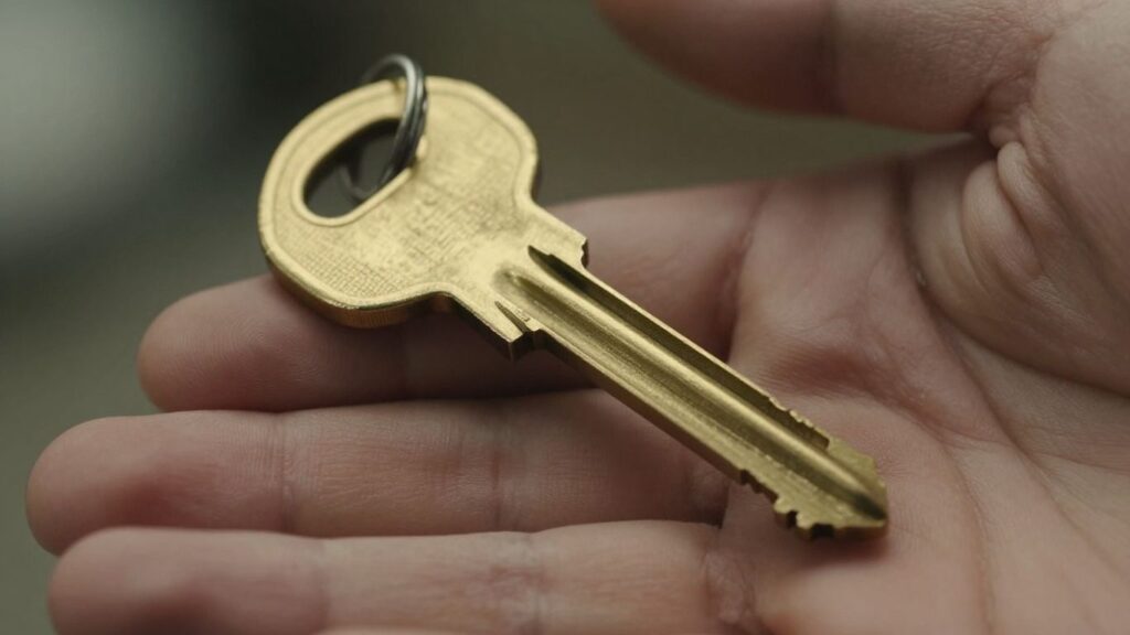 Hand holding a shiny brass key for copying.