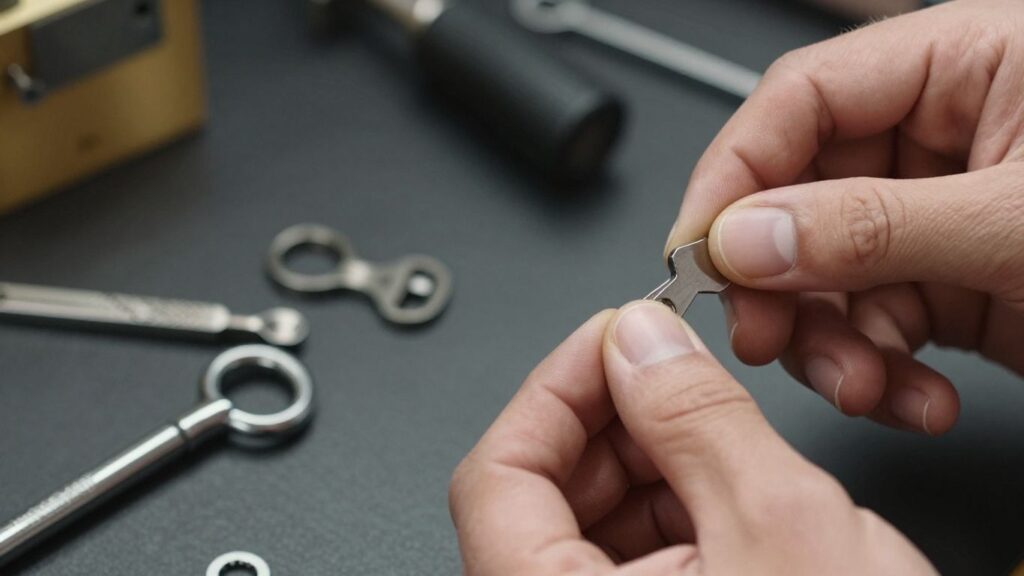 Locksmith picking a lock with tools